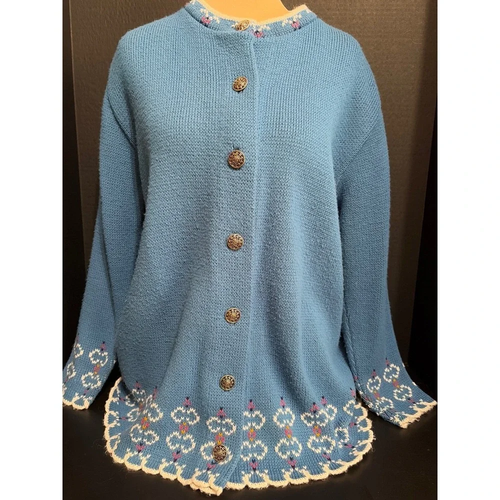 VTG Jersild Light Blue Nordic Fair Isle Cardigan Sweater Made in USA Ornate - Picture 1 of 8